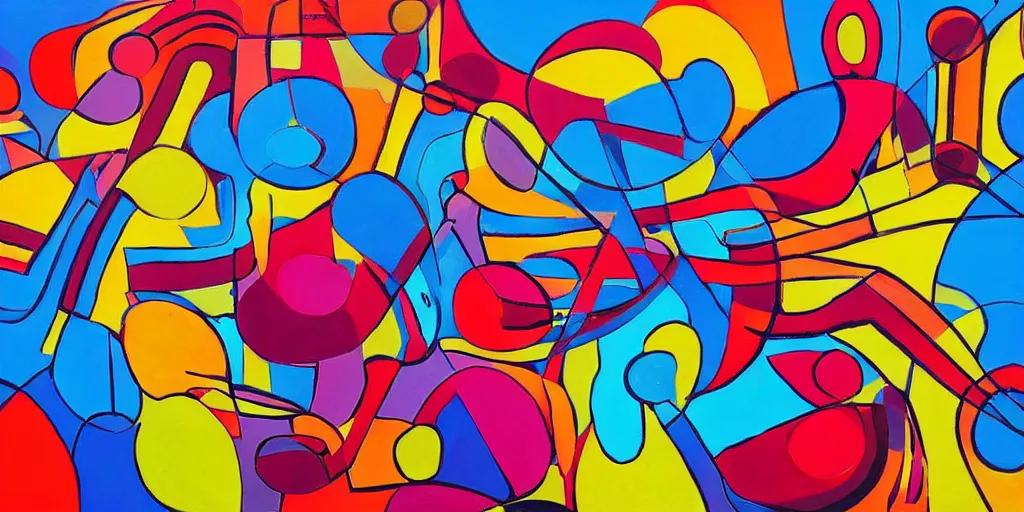 Image similar to abstract forms in the bold colourful detailed style of bill melendez,