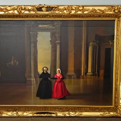 Prompt: oil on canvas painting. two women in a vast castle lobby wearing fine clothes. dark room with light coming through the right side of the place. baroque style 1 6 5 6. high quality painting, no distortion at all.