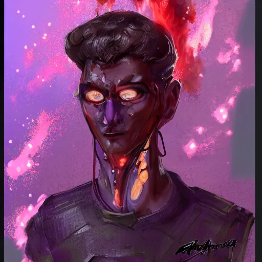 Prompt: character design sketch humanoid by ahmet atil akar, profile portrait, cyberpunk street goon, concept art character, cyberpunk fashion, with body made of purple lava and fire, marvelous designer, fantasy, painted, 4 k, high detail, sharp focus, trending in artstation