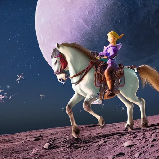 Prompt: zelda riding a horse on moon, hyper realistic, 4 k octan render, unreal 5