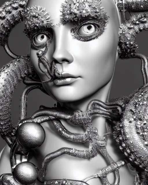 Prompt: mythical dreamy black and white organic translucent bio-mechanical spinal ribbed profile face portrait detail of icy mechanical beautiful female angelic-snow-cyborg, highly detailed, intricate crystal steampunk ornate, poetic, 3D render, digital art, octane render, 8K artistic photography, photo-realistic, by Dora Maar