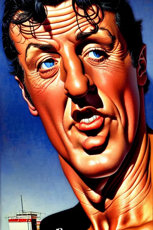 Image similar to portrait of sylvester stallone by gil elvgren and norman rockwell and rob gonsalves and hajime sorayama, hyperrealistic, high detail, ultra detailed, highly detailed face