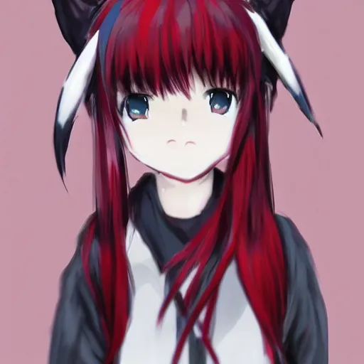 Image similar to white hair, red eyes, two little horn on the head, anime style, anime girl