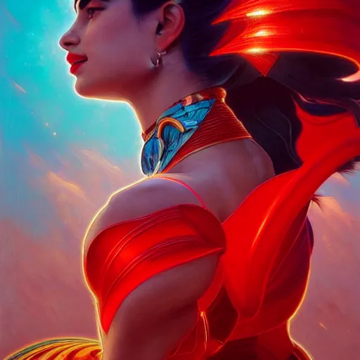 Image similar to anne curtis as darna, volumetric lights, red and cyan theme, art nouveau botanicals, intricate, highly detailed, digital painting, artstation, concept art, smooth, sharp focus, cinematic, illustration, beautiful face, art by artgerm and greg rutkowski and alphonse mucha