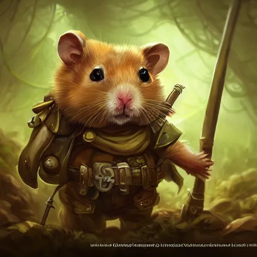 Image similar to cute little anthropomorphic Hamster Soldier, ultra wide lens shot , tiny, small, Jungle camouflage, short, cute and adorable, pretty, beautiful, DnD character art portrait, matte fantasy painting, DeviantArt Artstation, by Jason Felix by Steve Argyle by Tyler Jacobson by Peter Mohrbacher, cinematic lighting
