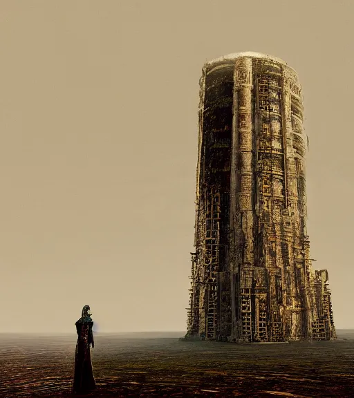 Image similar to tarkovsky greatest scene stalker movie, ethereal ancient destroyed majestic tower of babylon, woman in a futuristic cyber clothing, transparent puffer jacket, hyperrealistic, blockchain, cyber world, ambient lighting, concept art, intricate sky, hyper - detailed, smooth, dynamic volumetric lighting, octane, ray tracing, cinematic, high quality, cgsociety