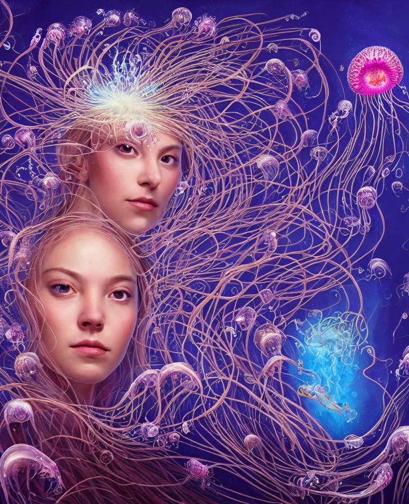 Prompt: close-up portrait of the face of a beautiful princess, surrounded by intricate twisted flowers orchid jellyfish and energy flow, water and plasma flow splashes, epic angle and pose, symmetrical artwork, 3d with depth of field, blurred background, floating jellyfish skull phoenix bird, translucent, nautilus, energy flows of water and fire. a highly detailed epic cinematic concept art CG render. made in Maya, Blender and Photoshop, octane render, excellent composition, cinematic dystopian brutalist atmosphere, dynamic dramatic cinematic lighting, aesthetic, very inspirational, arthouse. y Greg Rutkowski, Ilya Kuvshinov, WLOP, Stanley Artgerm Lau, Ruan Jia and Fenghua Zhong