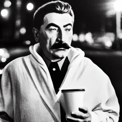 Image similar to cinematic shot of Joseph Stalin wearing a white hoodie and holding a styrofoam cup full of purple liquid sitting on the curb of a street at night, 8k, dslr,