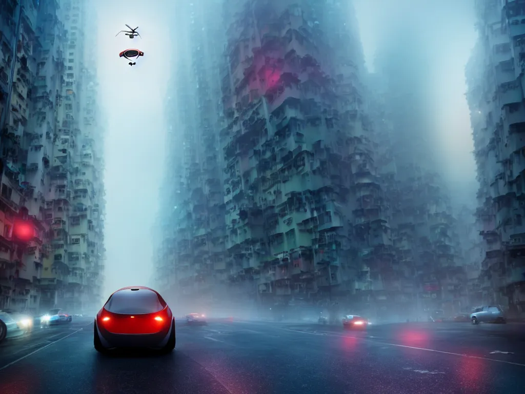 Image similar to movie still of a flying car in the middle of a foggy hong kong street, artstation, volumetric light, high detail, reflections, perfect, concept art, hdr, 8 k