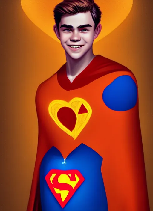 Image similar to friendly teenage archie andrews wearing an orange superhero costume with heart logo, heart, freckles, blue cape, heart emblem on chest, blue cape, intricate, elegant, glowing lights, highly detailed, digital painting, artstation, sharp focus, illustration, art by wlop, mars ravelo and greg rutkowski