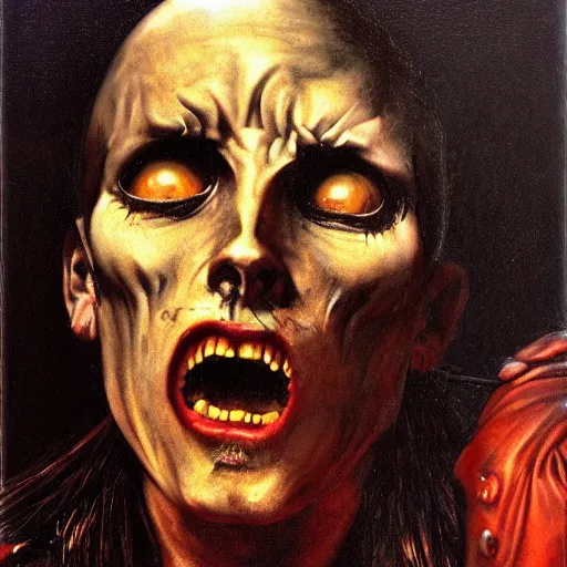 Image similar to metalhead singing dramatically, heavy metal, gothic, oil painging by caravaggio and alan lee