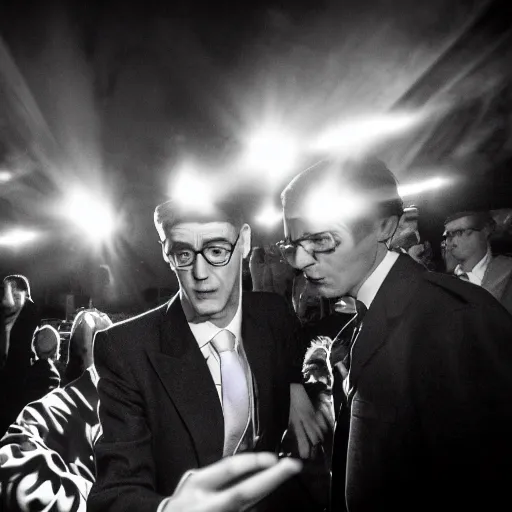 Prompt: hyperrealistic photography of jacob rees-mogg lost and confused in a rave with michael gove, wide angle, 28mm, dramatic disco lighting