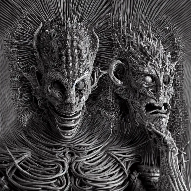 Image similar to biomechanical symmetrical spiky spinal ribbed surreal yama buddhist demon face portrait detailed beautiful BW digital art 3D render sculpture by Giger beautiful detailed intricate insanely detailed octane render, 8K artistic photography, photorealistic