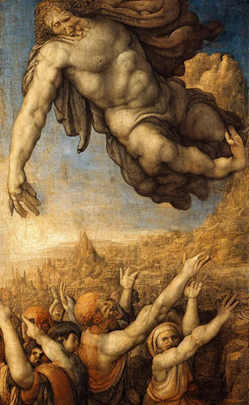 Prompt: The Towel of Babel reaching out towards the heavens above by Leonardo Da Vinci, surreal, renaissance, oil on canvas