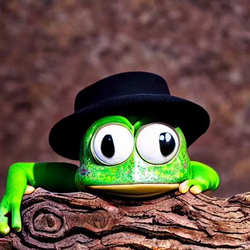 Image similar to baby pepe the frog, larg eyes, sitting on a log, wearing a bowler hat, pixar, disney, dynamic lighting, bokeh