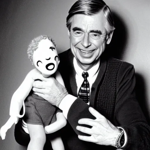 Image similar to mr. rogers proudly displaying a pint - sized slimy flesh demon. 1 9 7 0 s studio photo.