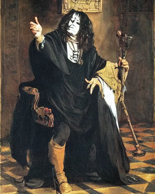 Image similar to Ozzy Osbourne as a royal courtly magician in the 17th century. Baroque portrait in the style of Caravaggio, William Merritt Chase, Goya.