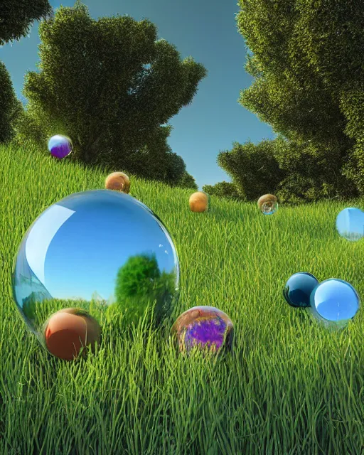 Prompt: glass orbs and multicolored shapes sit and float in a grassy scenic valley with blue skies, 1 9 8 0 s cgi, 3 d art, harsh shadows and reflections