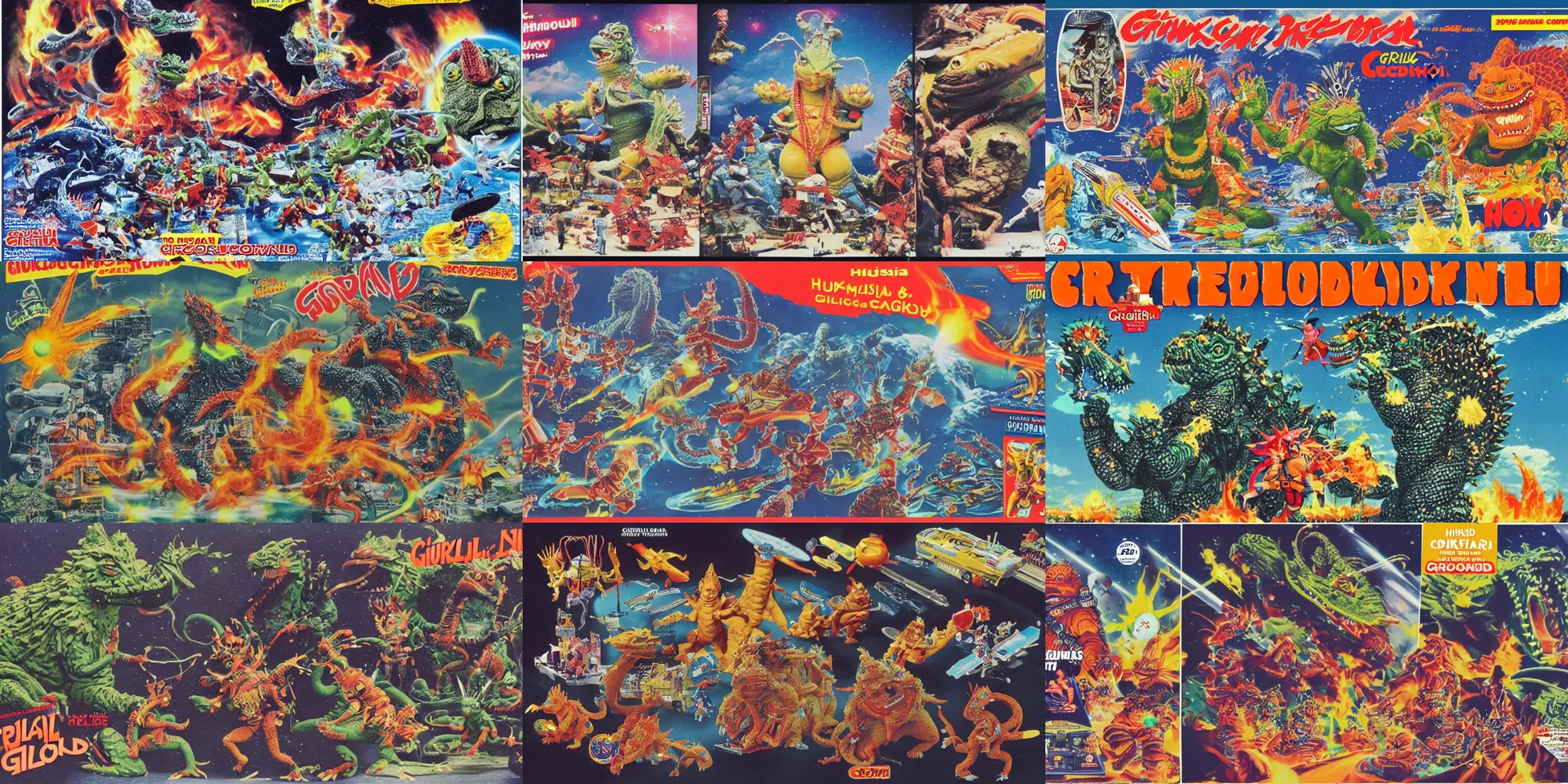 Image similar to Hindu Gremlin Godzilla Space Cowboys, catalogue photography, exciting toy commercial circa 1992