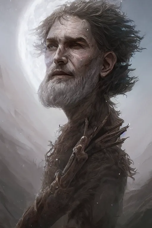 Image similar to profile view, a necromancer with a staff casts a spell that reveals the secret of life the universe and everything, dirty linen robes, staff of bones, grizzled bearded withered man by jessica rossier and hr giger