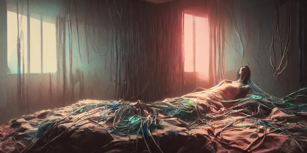 Image similar to rgb, glowing, depression!!!!!, maximalist interior, woman, cinematic, movie scene, inspired by zdzislaw beksinski, clothes made out of veins,, cables everywhere, bedroom, ultra realistic, concept art, intricate details, highly detailed, photorealistic, octane render, 8 k