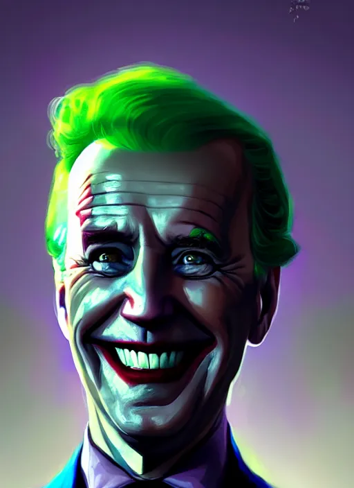 Prompt: portrait of joe biden as the joker, green hair, intricate, elegant, glowing lights, highly detailed, digital painting, artstation, concept art, sharp focus, illustration, art by wlop, mars ravelo and greg rutkowski