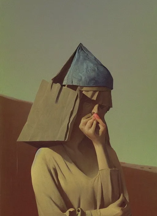 Image similar to woman with a paper bag over the head and a sward Edward Hopper and James Gilleard, Zdzislaw Beksinski, Steven Outram highly detailed