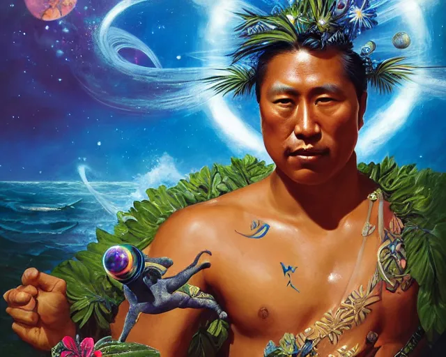 Image similar to duke kahanamoku as a hawaiian warrior emerging from a surrounded intergalactic planets connected by streams of multiversal flow, sigma male, gigachad, lush garden, diamond head backdrop, visually stunning, luxurious, by wlop, james jean, jakub rebelka, tran nguyen, peter mohrbacher, yoann lossel