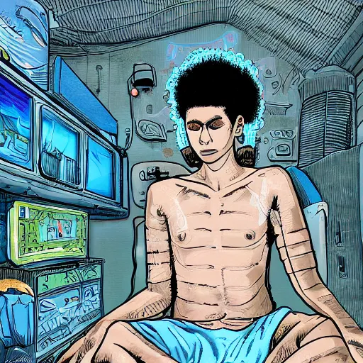 Prompt: in the style of ghostshrimp and deathburger a highly detailed illustration of a young mixed race male explorer wearing a cyberpunk headpiece who is meditating in his bedroom