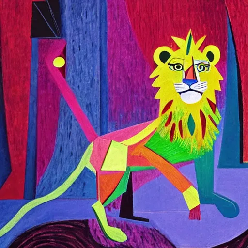 Prompt: lion in the magical forest, lion made from happybirthsday ribbons and party confetti , concept art, huge scale, high detail, sci fi by Pablo Picasso
