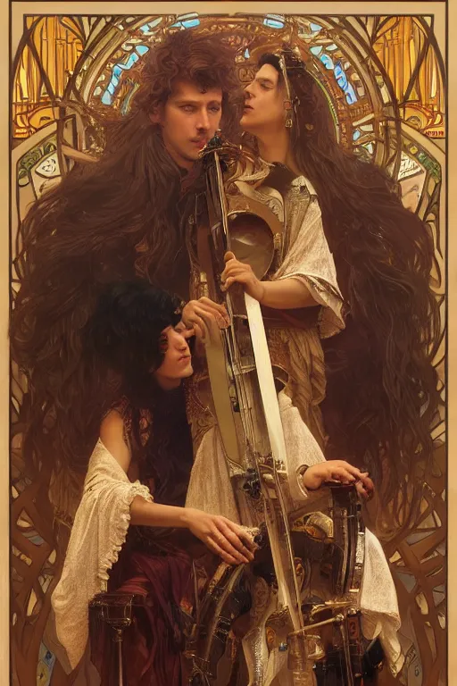 Image similar to portrait of a a band of male and female druids playing an electronic!!-musical-instruments, intricate, stunning, highly detailed, digital painting, artstation, concept art, smooth, sharp, focus, illustration, art by greg rutkowski and alphonse mucha