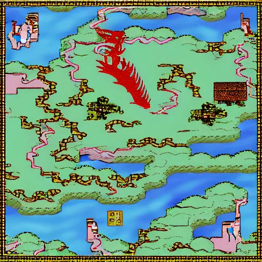 Prompt: man running chasing dragon on map view (from top), 16bit graphics