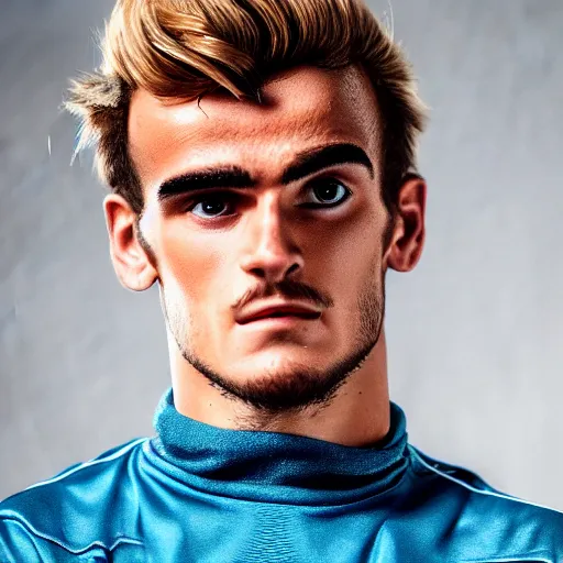 Image similar to a realistic detailed photo of a guy who is an attractive humanoid who is half robot and half humanoid, who is a male android, soccer player antoine griezmann, shiny skin, posing like a statue, blank stare, in a living room, on display, showing off his muscles