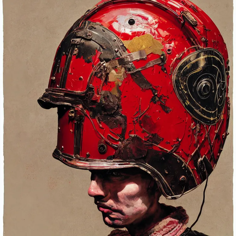 Image similar to portrait of a third reich soldier in ornate motorcycle dirt helmet in a helmet background red plastic bag, circuitboard,, rich deep colors, ultra detail, by francis bacon, james ginn, petra courtright, jenny saville, gerhard richter, zdzisaw beksinsk, takato yamamoto. masterpiece, elegant fashion studio ighting 3 5 mm