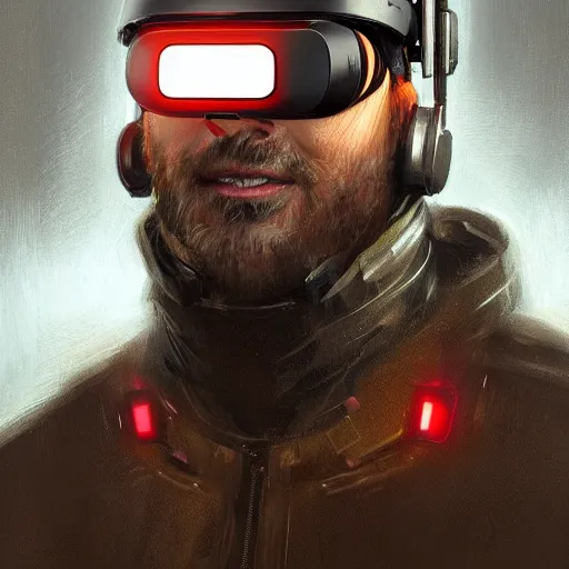 Image similar to Portrait of a man by Greg Rutkowski, symmetrical face, a marine with a helmet, using a VR Headset, Kubric Stare, crooked smile, he's wearing a tacitcal gear, highly detailed portrait, scifi, digital painting, artstation, book cover, cyberpunk, concept art, smooth, sharp foccus ilustration, Artstation HQ