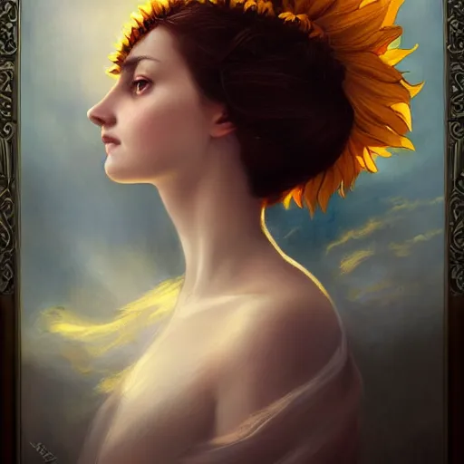 Prompt: sunflower goddess of summer character portrait, in the style of charlie bowater, tom bagshaw, and waterhouse, lean face, cinematic lighting, beautiful, elegant, oil painting, cinematic, portrait, raphaelite, headroom, headshot photograph