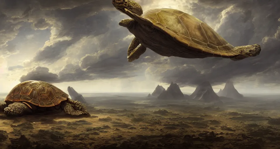 Image similar to flat earth on the back of a colossal turtle in space, realistic, matte painting, unreal engine, 8k, wide angle, f12, anders zorn, thomas kincade, trending on artstation