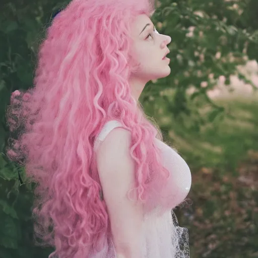 Prompt: !dream a photograph of rose quartz from steven universe, portrait photography, 85mm, iso 400, focus mode, detailed portrait, gigantic pink ringlets, huge curly pink hair, tight gigantic pink curls, warm features, chubby, white dress, gorgeous, kind features, beautiful woman, flattering photo, daylight