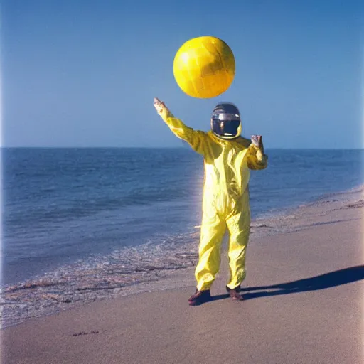 Prompt: a man wearing a hazmat suit holding a beachball, on the beach, film still, arriflex 35