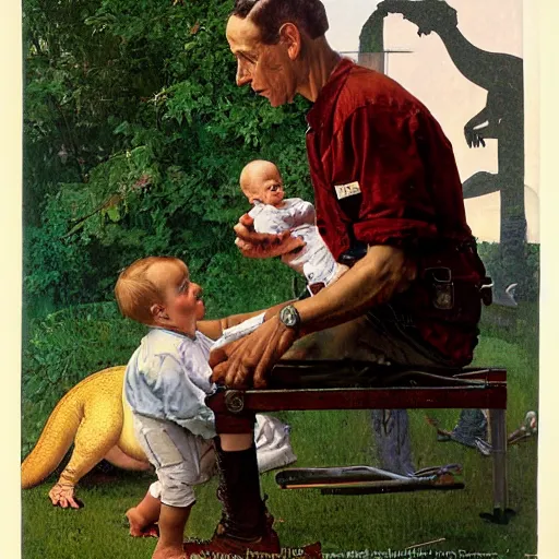Prompt: a Norman Rockwell painting of a boy and his baby t-rex