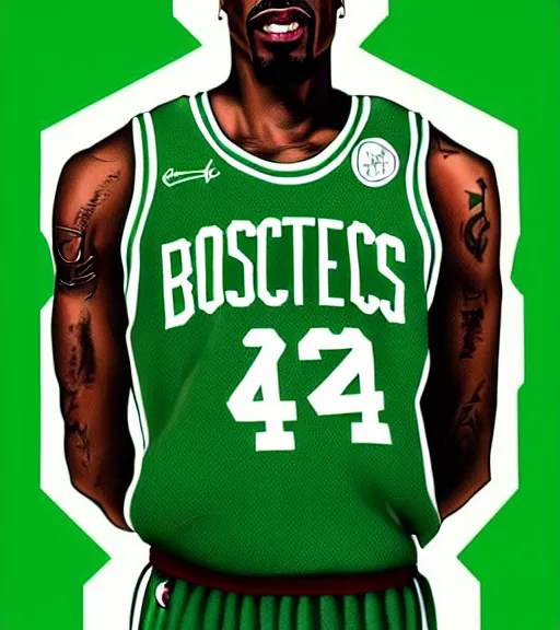 Image similar to portrait of tupac shakur, boston celtics jersey number 3 4, green, white, cartoon digital art, oil on canvas, trending on artstation, octane render