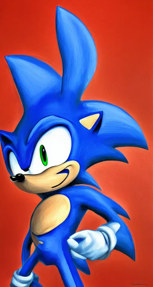 Prompt: sonic the hedgehog portrait painting, chiaroscuro, oil paints on canvas