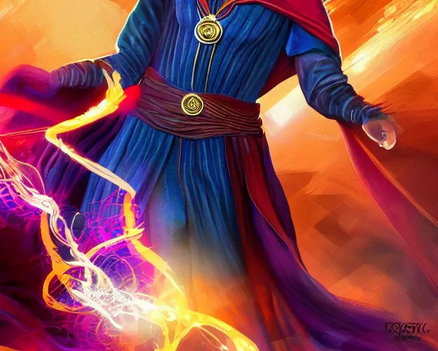 Image similar to margot robbie as doctor strange, colorful spells, fantasy art, in the style of Fernando Juarez, illustration, epic art, fantasy, intricate, elgant, amazing detail, digital painting, artstation, concept art, smooth, sharp focus