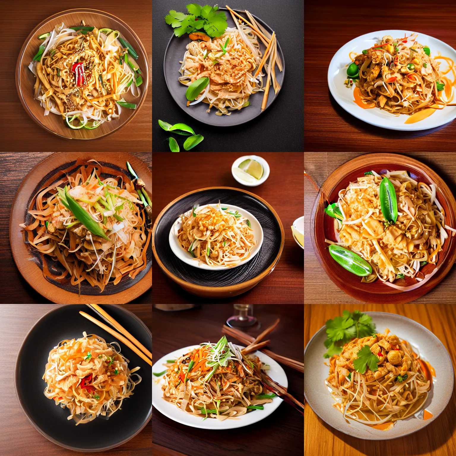 Prompt: 85mm photograph of the most delicious plate of Pad Thai by a Michelin star chef, delicate, on a wooden table in a high-end Asian restaurant setting, food photography