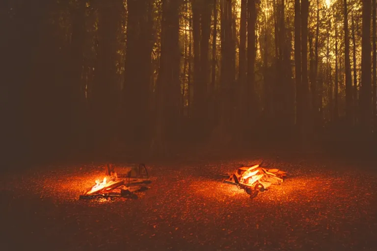 Prompt: campfire, night in a dark forest, cinematic lighting, low angle photography, wide shot, hyperrealistic, 8k