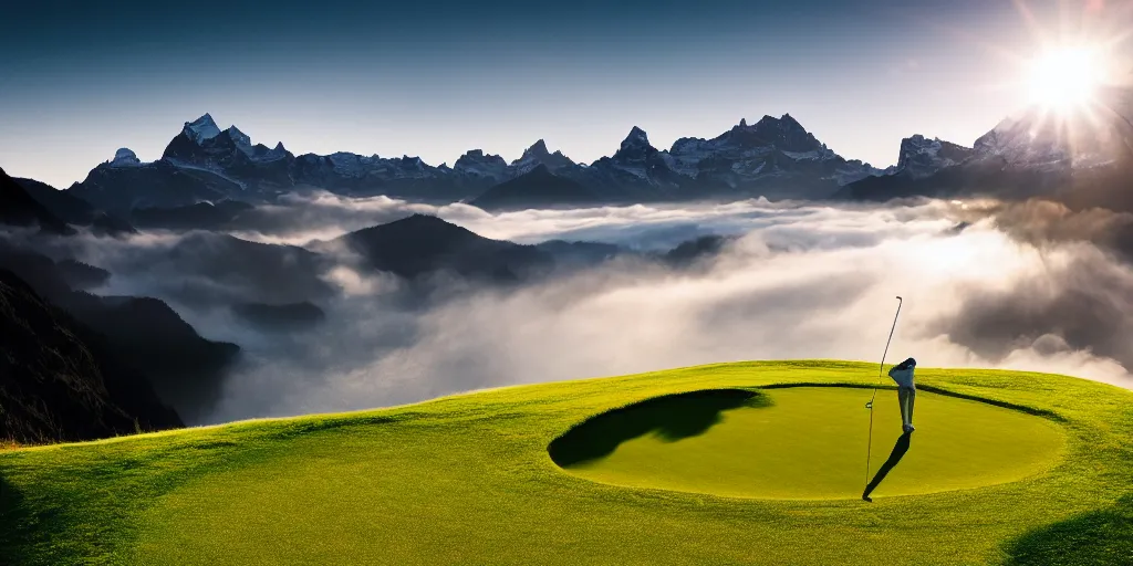 Image similar to a great photograph of the most amazing golf hole in the world, perfect light, over a cliff, in the swiss alps, high above treeline, ambient light, 5 0 mm, golf digest, top 1 0 0, fog