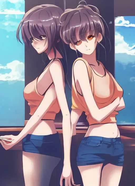 Image similar to two beautiful mothers sitting across from each other, summer clothes, gorgeous faces, thick lines, cinematic lighting, detailed anime art