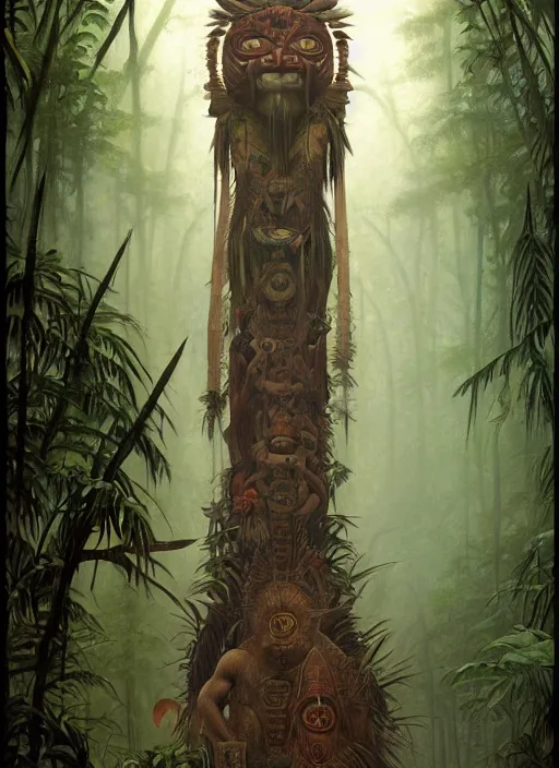 Prompt: a totem in the jungle surrounded by mist, representing amazonian shamanic traditions, tribal masks, symetrical totem, hyper detailed, art by christophe vacher