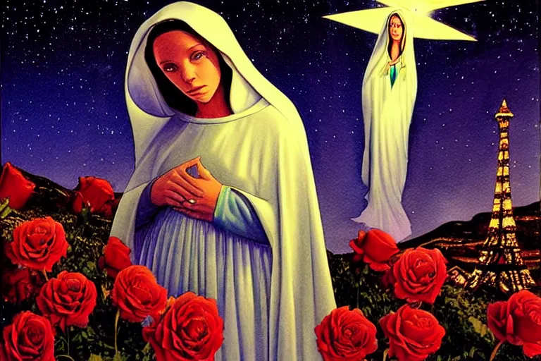 Image similar to a hyperrealist watercolour character concept art portrait of the virgin mary on well lit starry night in las vegas, nevada. a ufo is in the background. roses adorn. by michael kaluta, charles vess and jean moebius giraud