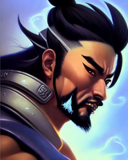 Image similar to hanzo from overwatch, character portrait, portrait, close up, highly detailed, intricate detail, amazing detail, sharp focus, vintage fantasy art, vintage sci - fi art, radiant light, caustics, by boris vallejo